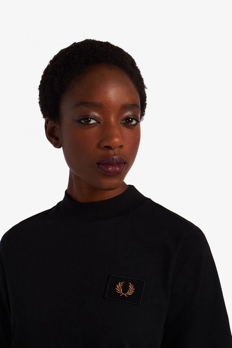 Black Fred Perry High Neck Badge Detail Women's T Shirts | PH 2035RVDW